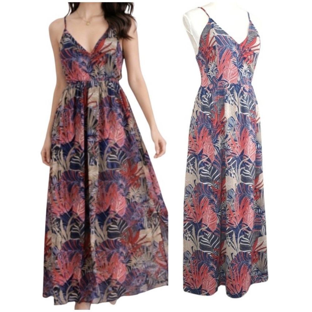 Japna Maxi Dress M‎ Multicolor Tropical Leaf Print Lined Sleeveless Smocked Back